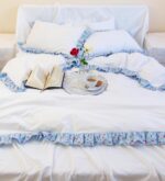 White Cotton Duvet Cover Set with Floral Ruffles - Image 3