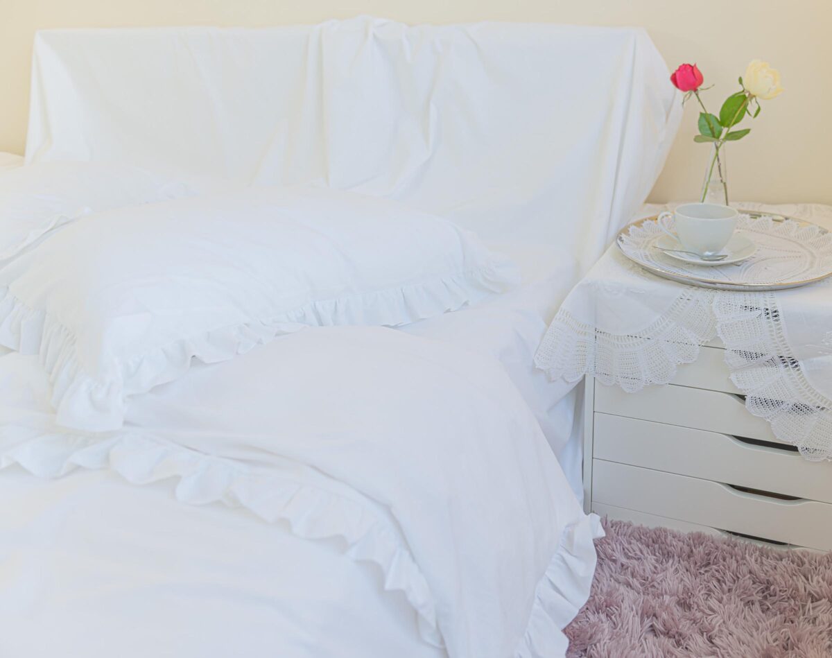 Pristine White Cotton Duvet Cover with White Ruffles and Frills