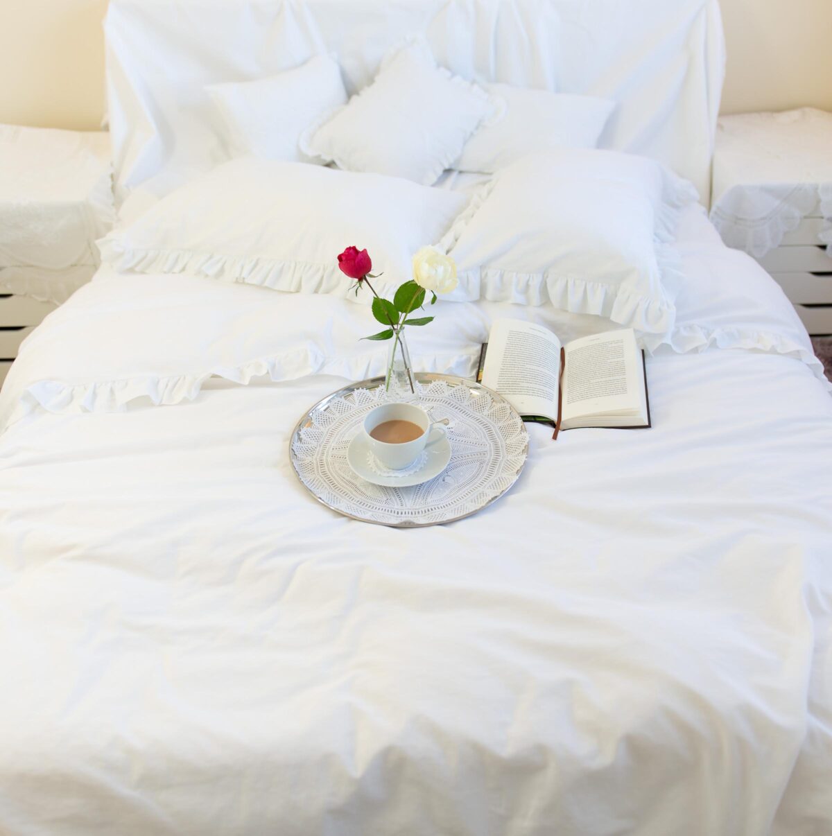 Pristine White Cotton Duvet Cover with White Ruffles and Frills 9