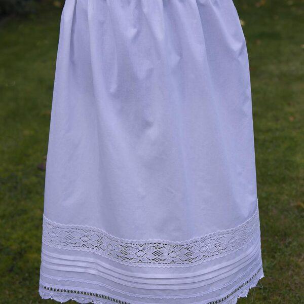 White Cotton Petticoat with a Mix of Machine Made and Handmade Lace Trims round the bottom and on the hem and pin tucks