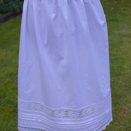 White Cotton Petticoat with a Mix of Machine Made and Handmade Lace Trims round the bottom and on the hem and pin tucks
