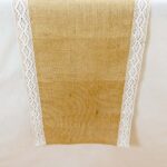 Hessian Table Runners Adorned with Edging Lace Trims for Weddings and Garden Parties