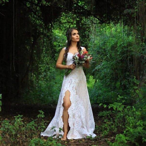 Bespoke Handmade Lace Wedding Dress with a long front slit