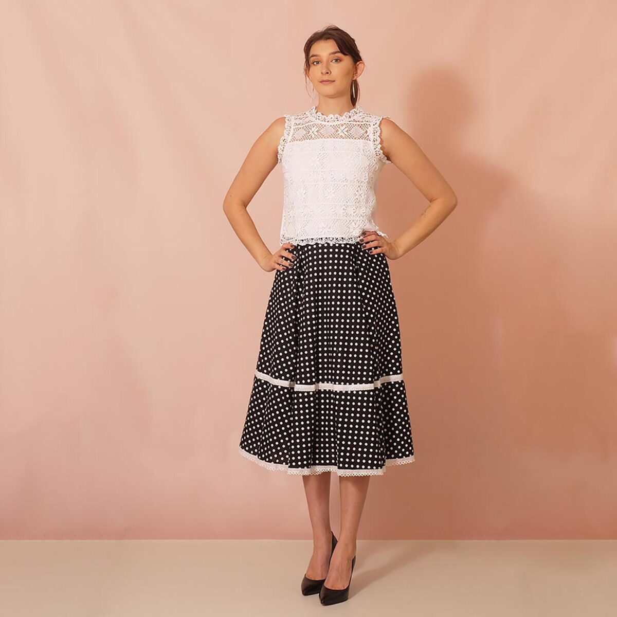 Flare Cotton Midi Skirt Black Polka Dot Adorned with Bobbin Lace Trims - Image 3