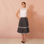 Flare Cotton Midi Skirt Black Polka Dot Adorned with Bobbin Lace Trims - Image 3