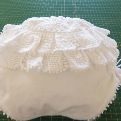 bespoke white cotton girls and women frilly knickers bloomers adorned with lace trims, several pin tucks on the front and side bows