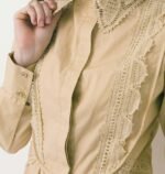 Handmade lace clothing – beige cotton long sleeve blouse for women – elegant workwear with delicate details