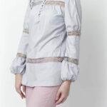 Gray Cotton Puff Sleeve Blouse with Bobbin Lace Trims - Image 3