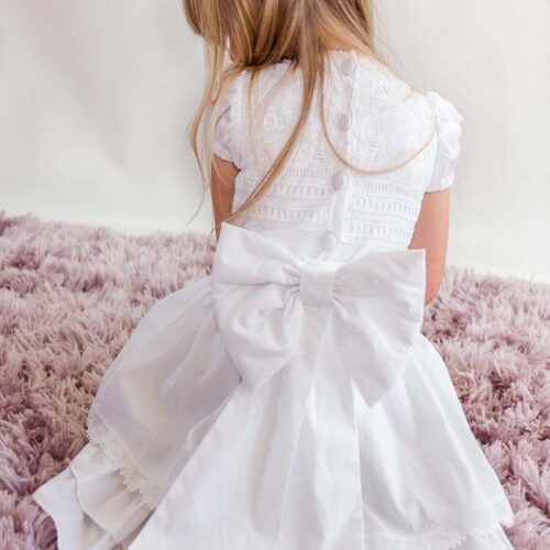 Bespoke Lace Firl First Holy Communion or Flower Girl Dress with a beautiful Lace Bodice and a long waist bow