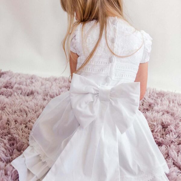 Bespoke Lace Firl First Holy Communion or Flower Girl Dress with a beautiful Lace Bodice and a long waist bow