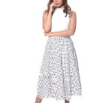 Pleated Cotton Midi Skirt White and Black Polka Dot with Bobbin Lace Trims - Image 2