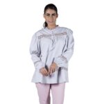 gray cotton puff long sleeve blouse for women for work adorned with bobbin lace