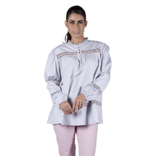 gray cotton puff long sleeve blouse for women for work adorned with bobbin lace