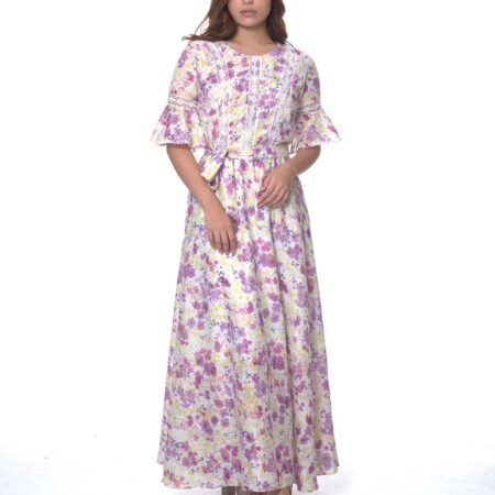 Pink Floral Fusion Women Maxi Dress with Bell Sleeves