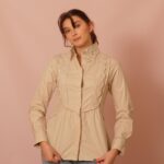 beige cotton long sleeve shirt for women with handmade lace trims