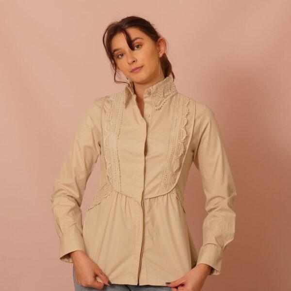 beige cotton long sleeve shirt for women with handmade lace trims