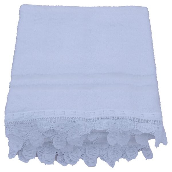 White bath towels fluffy adorned with a wide strip of handmade lace trim