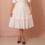 white cotton flared skirt with bobbin lace trims