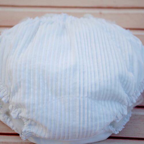 bespoke white cotton girls women frilly knickers bloomers adorned with lace trims, several pin tucks on the front and side bows