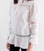 white cotton puff long sleeve shirt for women for work adorned with bobbin lace