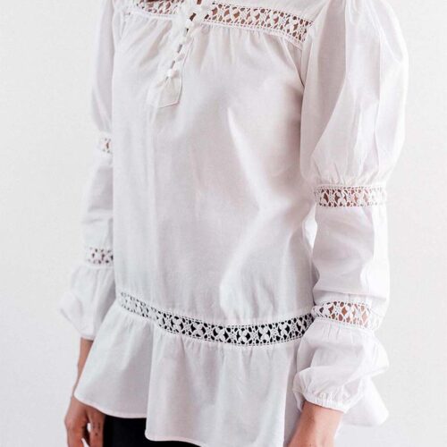 white cotton puff long sleeve shirt for women for work adorned with bobbin lace
