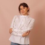 White Cotton Long Sleeve Blouse with Bobbin Lace Trims