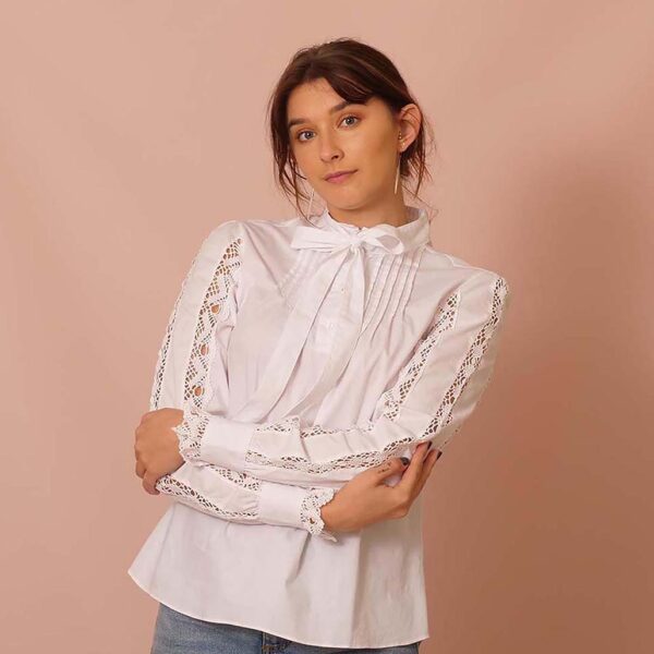 White Cotton Long Sleeve Blouse with Bobbin Lace Trims