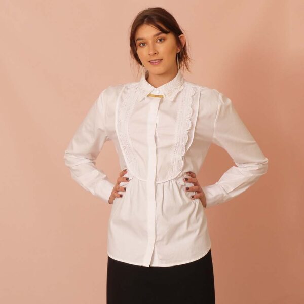 white cotton long sleeve shirt for women with handmade lace trims