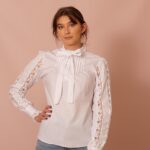 White Cotton Blouse Long Sleeves Embellished with Bobbin Lace - Image 4