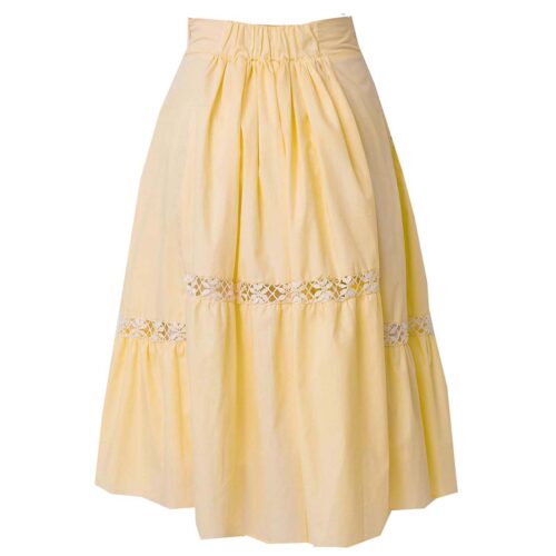 flounce soft yellow cotton midi skirt with beautiful bobbin lace trims all over it