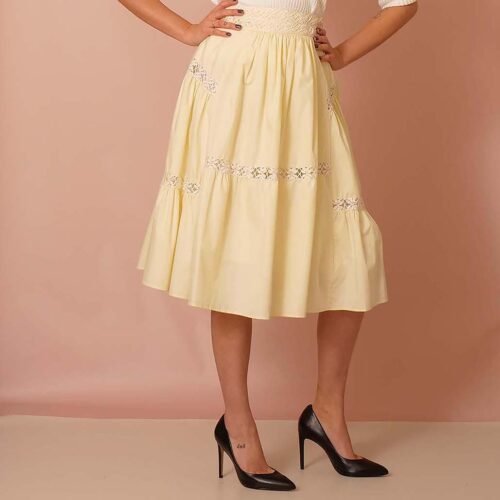 Soft Yellow Cotton Skirt for Women with bobbin lace trims all across it