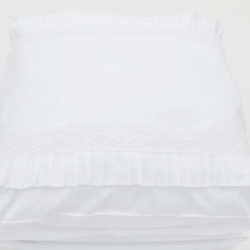 White cotton Continental sham with ruffles and lace trims, 65cm x 65cm.