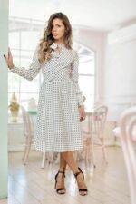 Cotton Long Sleeve White Polka Dot Women Dress