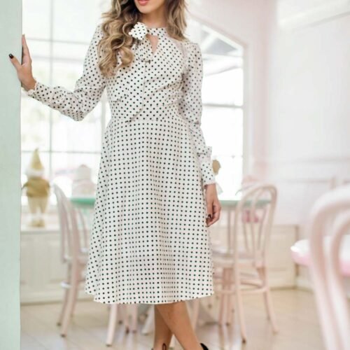 Cotton Long Sleeve White Polka Dot Women Dress