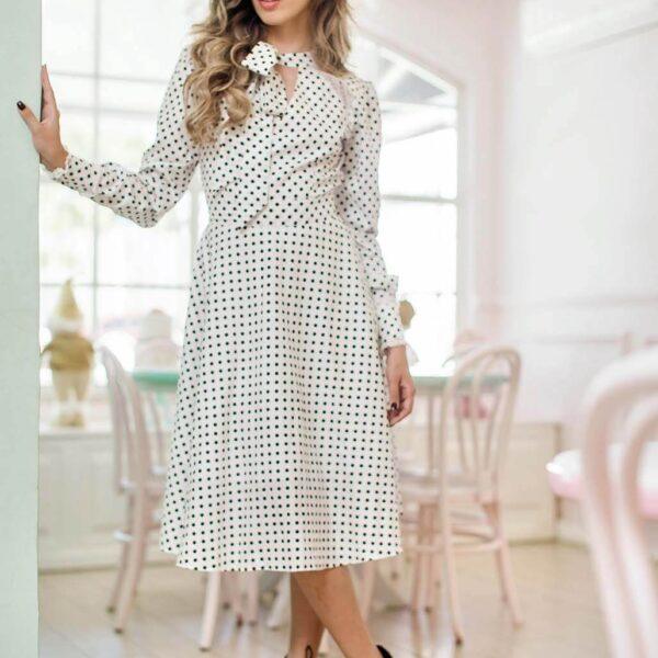 Cotton Long Sleeve White Polka Dot Women Dress
